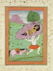 眠っているロスタムを運び去る白い悪魔、「Shahnama」（王の書）のイラスト、アブルカシムマヌールフィルダウシ（c.934-c.1020）、ラージクライヴアルバム